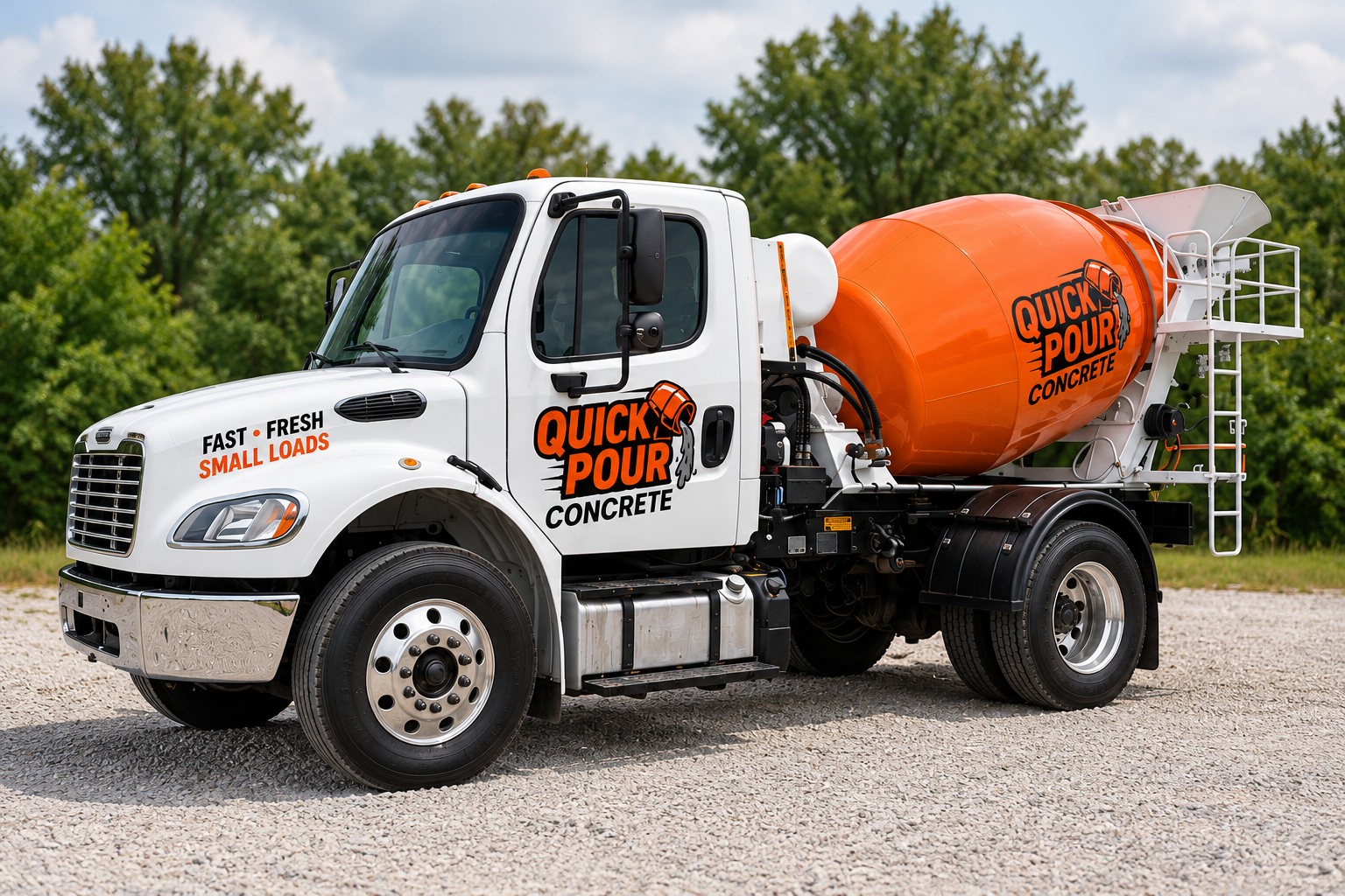 Quick Pour Concrete’s actual delivery truck with a white cab, orange mixer drum and Quick Pour logos